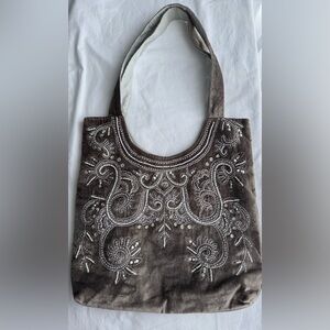 Velvet Beaded Bag Tote Gray Purse Embroidered, Sequins, Pearls 17"x17" + handles